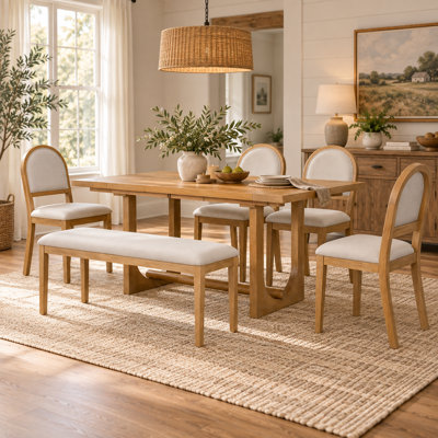 Ensemble de salle à manger extensible 6 pièces pour 6 personnes avec table en bois massif de 122 à 214 cm, 4 chaises rembourrées et banc rembourré, style campagnard avec piètement à tréteaux.