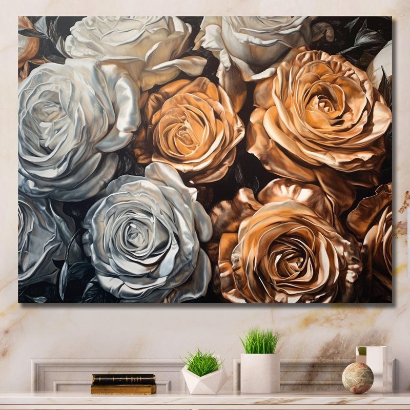 Roses dorées en fleurs - impression, H 12 po x l 20 po x P 1 po, Toile tendue