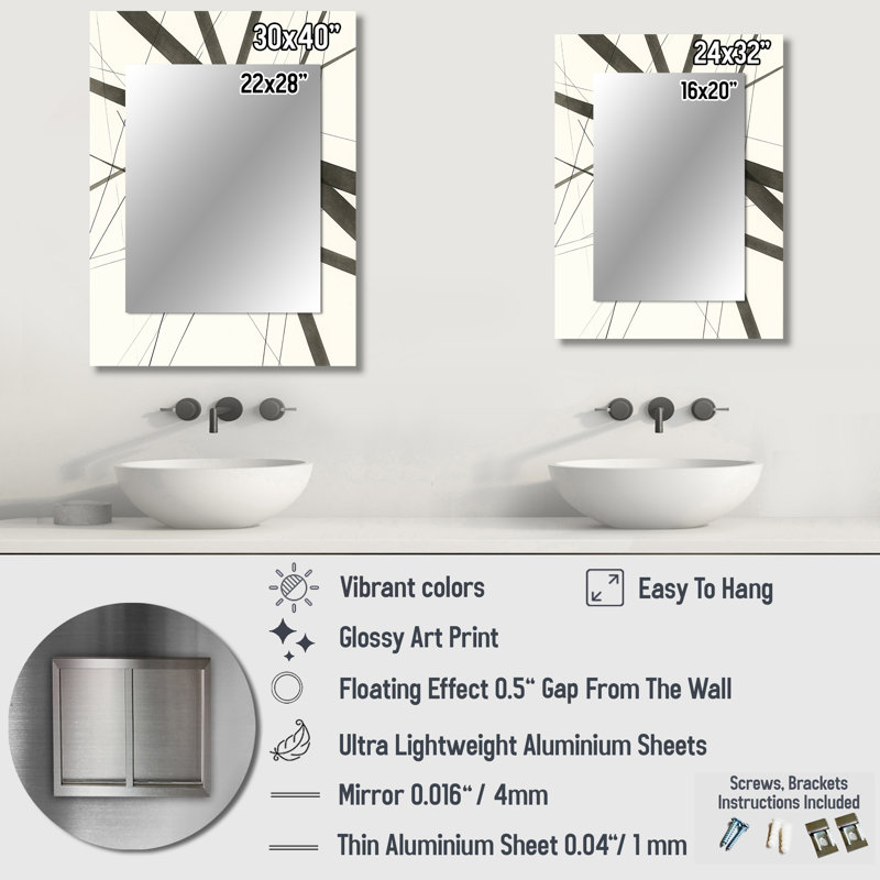 Minimaliste noir et blanc VII - formes abstraites miroir mural, grand miroir noir, art imprimé en métal, 32 po x 24 po