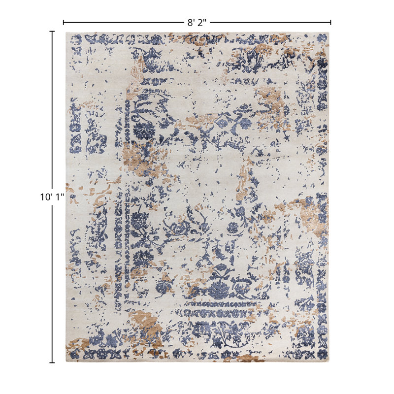 Ivory and Blue Hand-Knotted Wool and Silk Area Rug