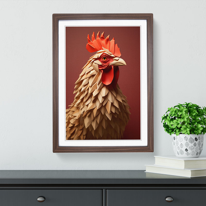 Chicken Minimalism - Single Picture Frame Print on Wood, Walnut Framed, 64cm H x 46cm W x 2cm D
