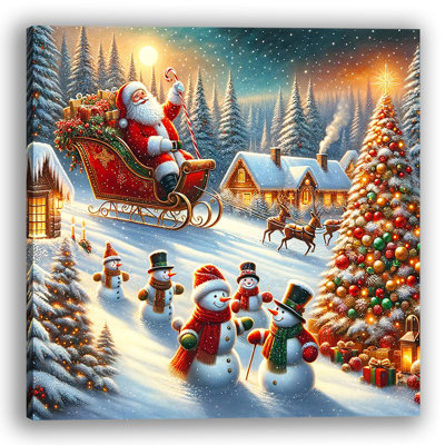 «Santa's Twilight Sleigh Ride over Snowy Village», reproduction sur toile tendue