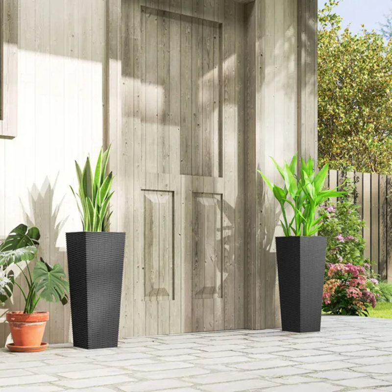 Set Of 2 Outdoor Tall Planters, 23.6 Inch Rattan-look Plastic Flower Pots With Drainage Holes, Black