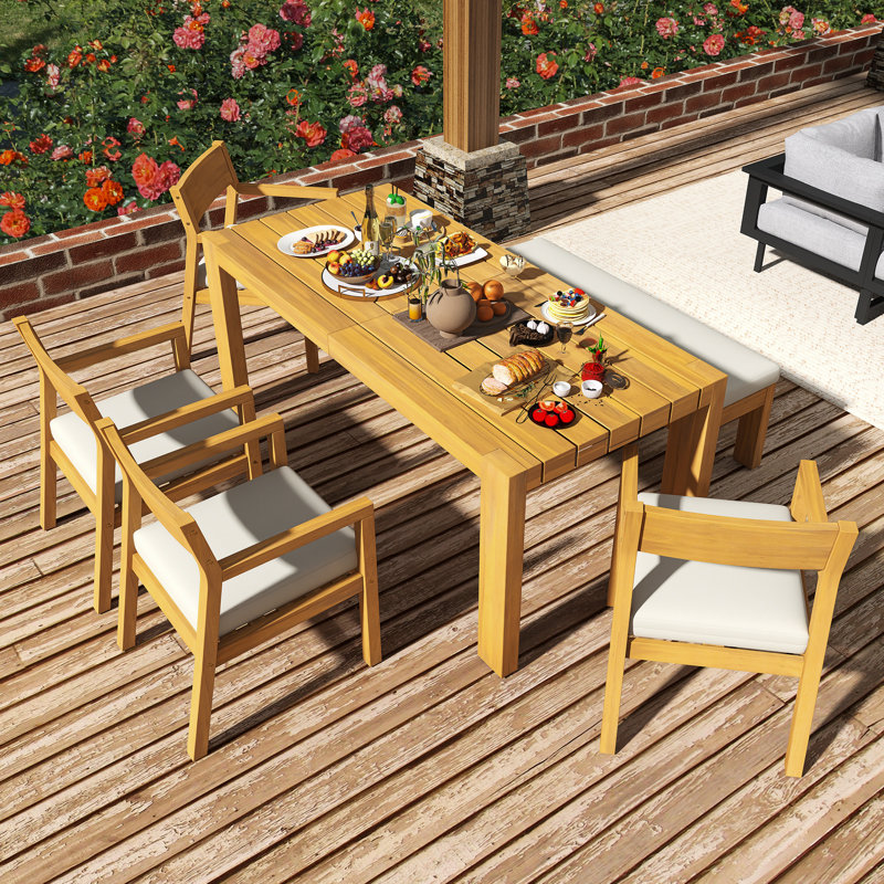 Ensemble de table de salle à manger 6 pièces pour ensemble de mobilier d'extérieur avec trou pour parasol | Chaises et banc avec coussins amovibles (teck clair + beige) |  Table rectangulaire 71 po | Cour, jardin, bord de piscine