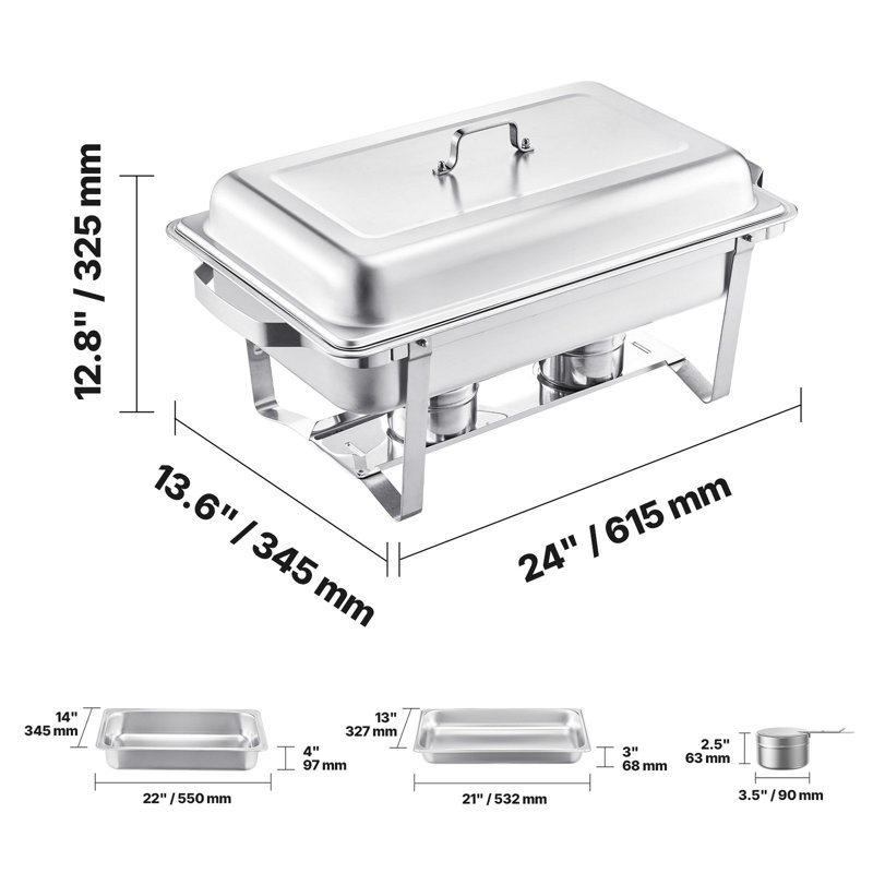 Ensemble de 8 chauffe-plat rectangulaires 8 pte en acier inoxydable
