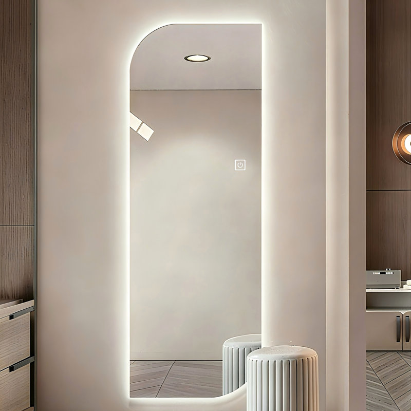 Miroir mural DEL pleine longueur 165 x 53 cm, éclairage à intensité variable 3 couleurs, pour garde-robe, miroir de forme irrégulière, installation fixe ou murale, chambre