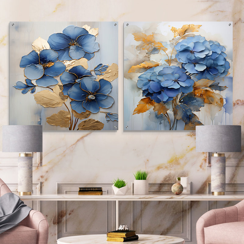 Élégant ensemble de 2 peintures murales en acrylique or et bleu Pansy III, H 16 po x l 33 po