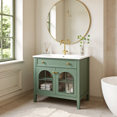 36"Farmhouse Freestanding Bathroom Vanity Sink with Storage, Patterned Glass & Motion-Sensor Light