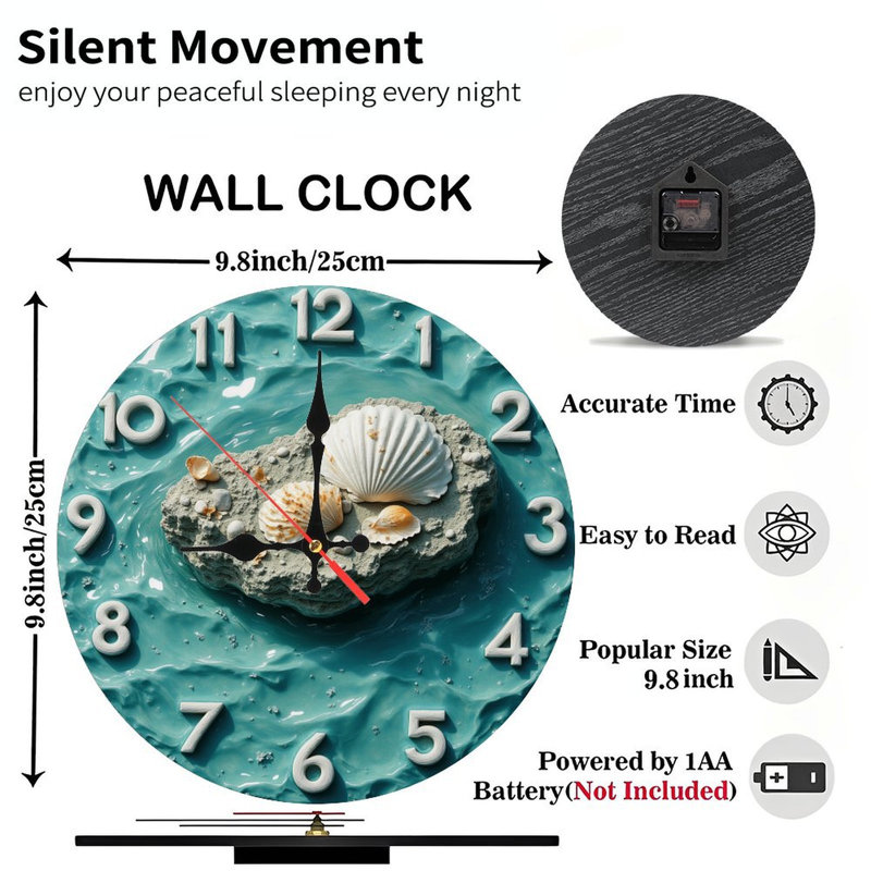 Horloge murale coquillage océan en résine bleu sarcelle