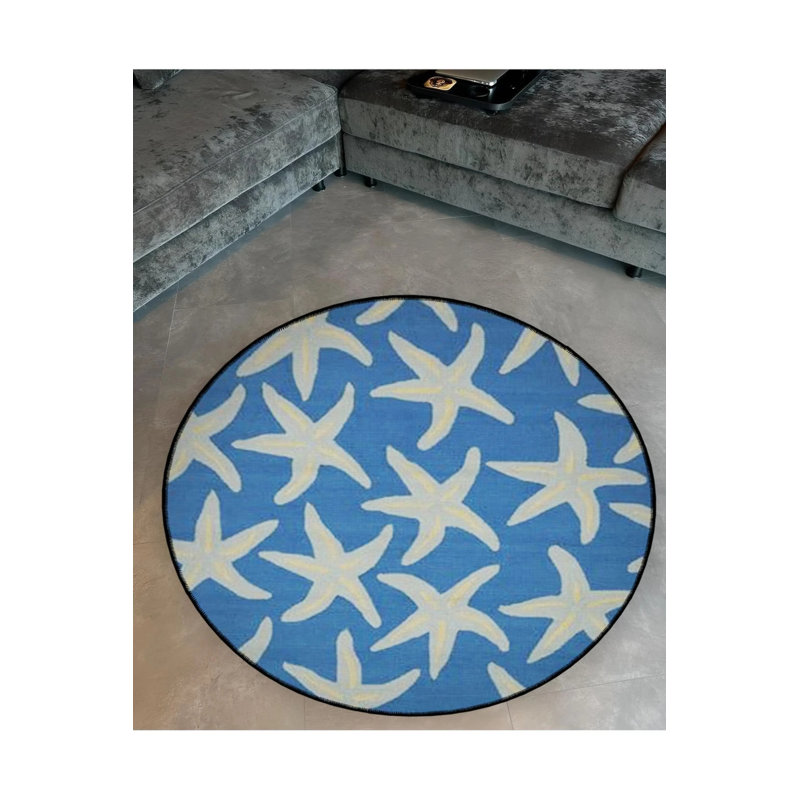 Blue Starfish Detailed Woven Base Modern Decorative Carpet, Round 5'
