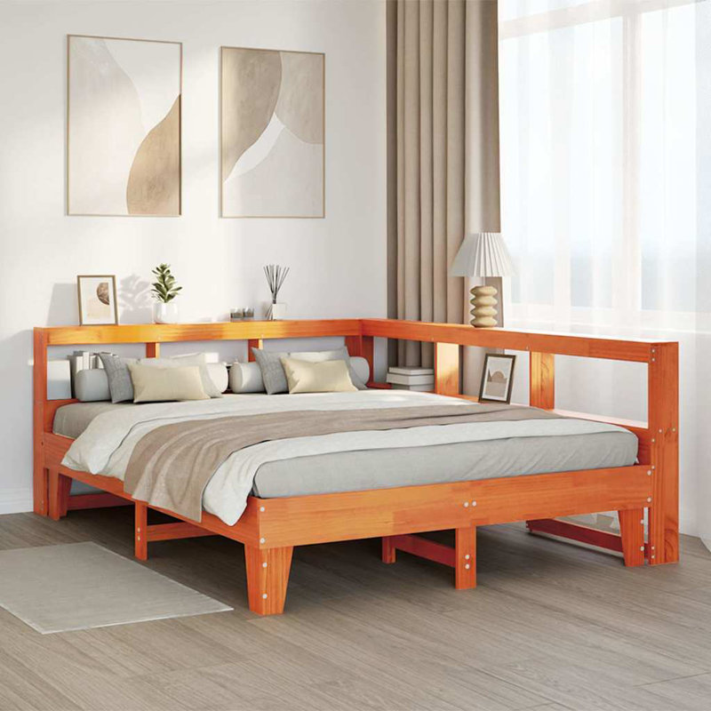 Bookcase Bed Without Mattress Solid Wood Pine, Super King (6'), Wax Brown