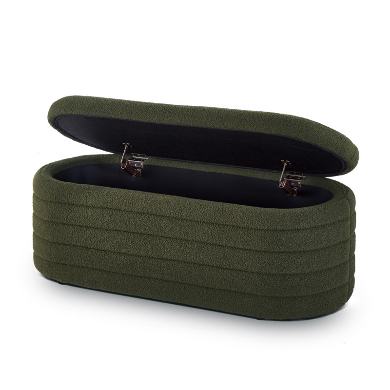 Modern Oval Storage Ottoman Bench, Upholstered Boucle Teddy Fabric End of Bed Bench with Storage, End of Bed Stool with Safety Hinge for Bedroom, Living Room, Entryway