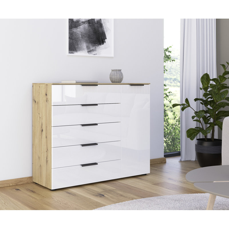 Flipp 5 - Drawer Chest of Drawers, Artisan Oak/White Glass/Graphite
