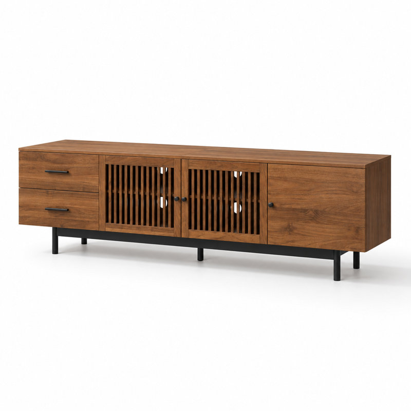 Meuble télé pour téléviseurs jusqu'à 85 pouces, console multimédia large avec portes à lattes, deux tiroirs, charnières à fermeture douce, étagères réglables et passe-câbles.