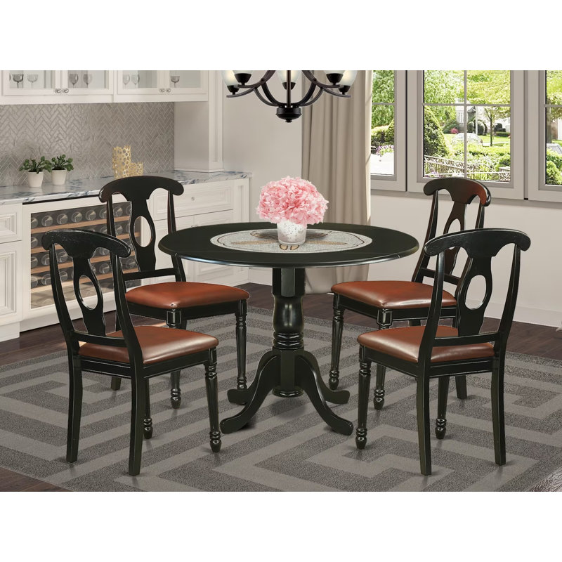 Ensemble de 5 pièces pour 4 pièces comprenant une table ronde avec Dropleaf et 4 chaises de salle à manger en similicuir, 42 po x 42 po, noir