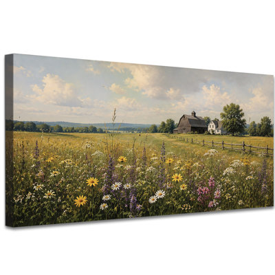 Art mural rétro sur toile paysage, champ de fleurs sauvages, décor mural pour paysage de chambre à coucher, œuvre de campagne champêtre, tendue avec une galerie, prête à être accrochée (30 po x 60 po)