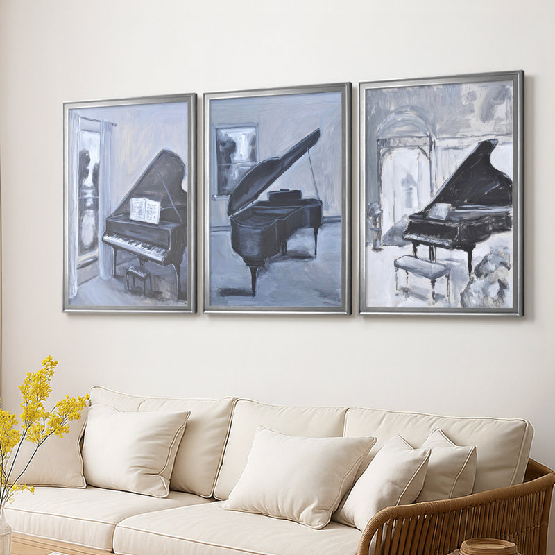 Piano Blues IV - Toile tendue avec châssis sur mesure - 3 pièces, H 19 po x l 27 po, Argent argent