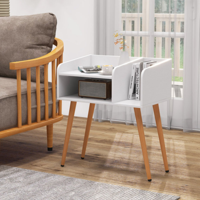 Table de chevet moderne Mid-Century avec tablettes ouvertes, Naturel / Blanc