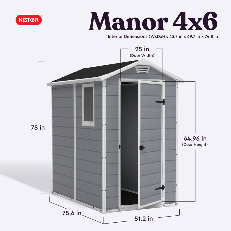 Keter Manor 4x6 ft. Durable Resin Outdoor Storage Shed With Floor and Double Doors for Garden Patio Furniture and Tools, Grey