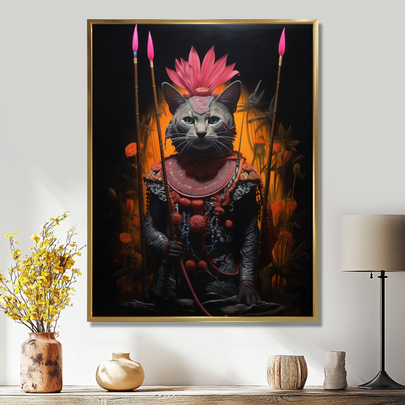 Chat chamanique armure rose - chat, art mural, Toile avec cadre doré, H 40 po x l 30 po x P 1,5 po