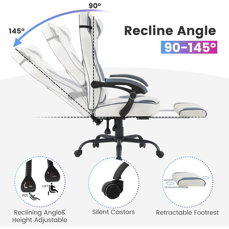 Inbox Zero Adjustable Reclining Ergonomic Faux Leather Swiveling PC & Racing Game Chair with Footrest
