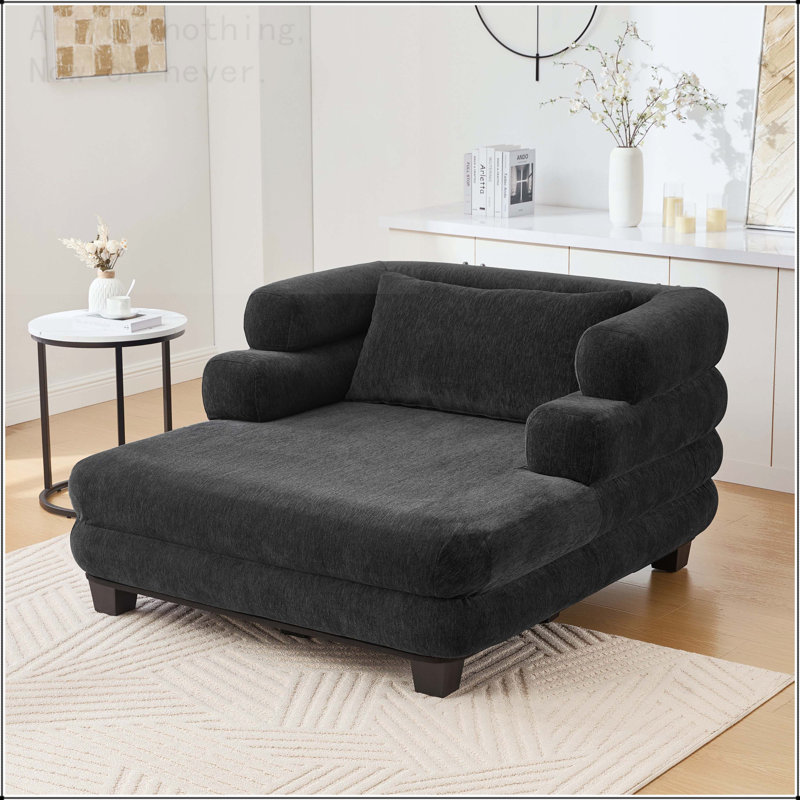 Canapé-lit rembourré surdimensionné en chenille de 52,4 po avec assise profonde et accoudoirs superposés, Noir