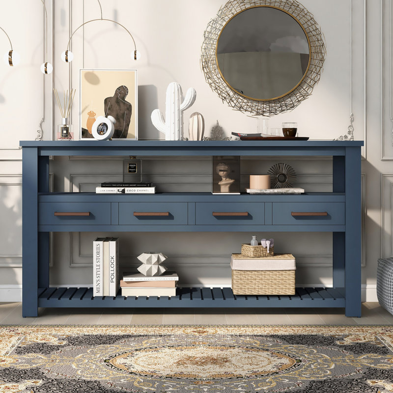 Table console moderne pour salon avec 4 tiroirs et 2 tablettes, Marine