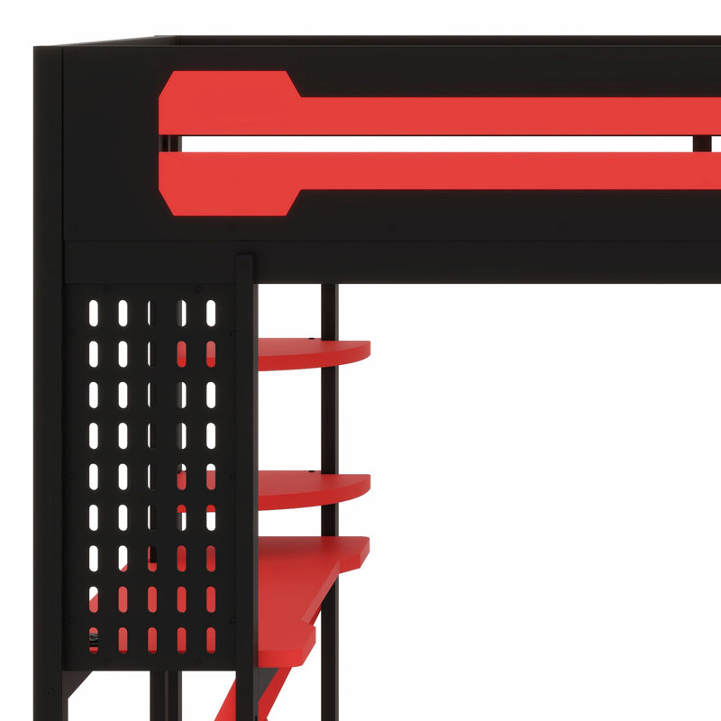 Lit mezzanine avec bureau et tablettes de rangement, structure en bois avec station de charge et lumière RVB, Noir et rouge