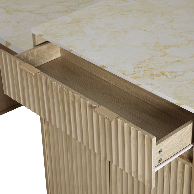 Îlot de cuisine cannelé de 210 cm avec table à manger coulissante de 130 cm pour 2 à 6 personnes, design bicolore, étagères latérales ouvertes, roulettes verrouillables, grand plateau extensible en imitation marbre, tiroirs double face, réglable