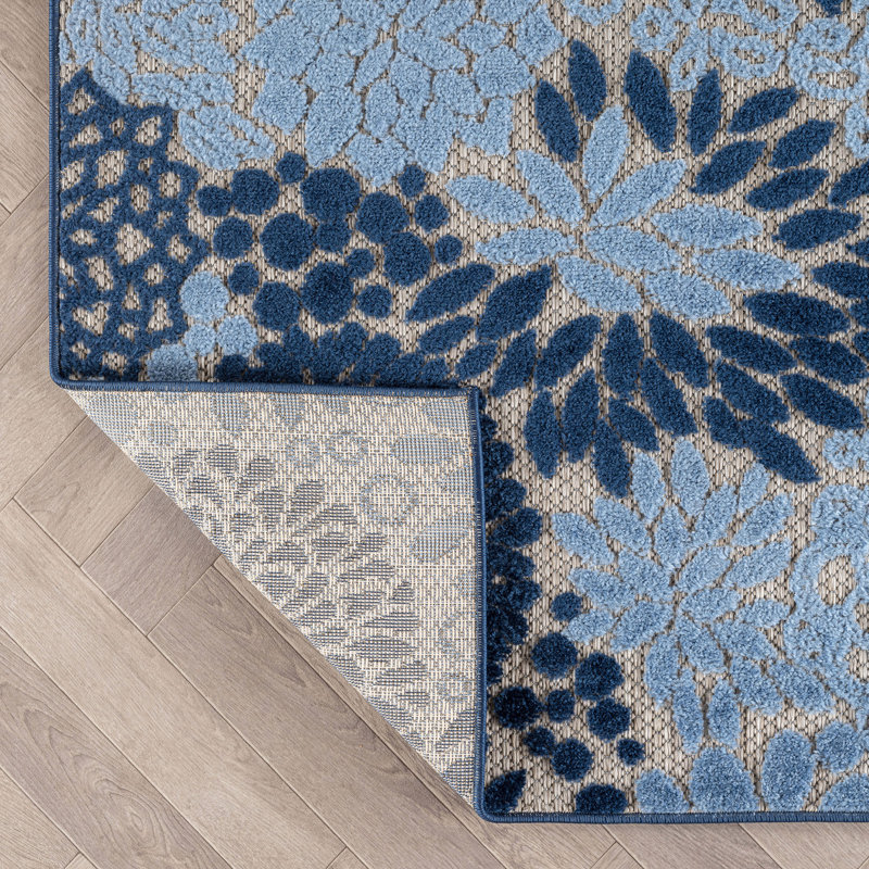 Tapis intérieur / extérieur floral / beige / bleu marine / bleu intérieur / extérieur, Rectangle 7 pi 10 po x 10 pi