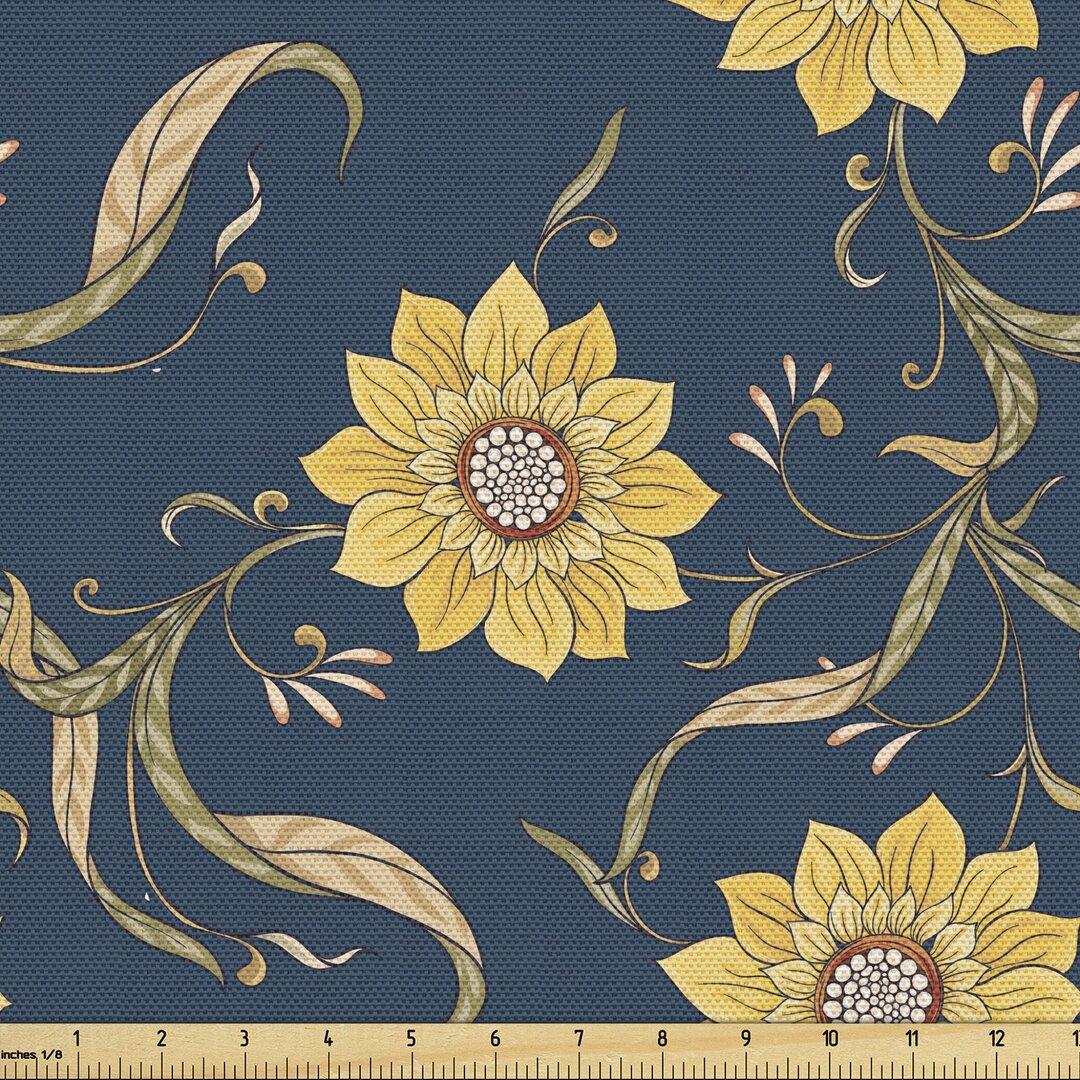 Gewebe als Meterware, Helianthus Blumenblütenblätter, Sonnenblume, Dark Sky Blau Senf