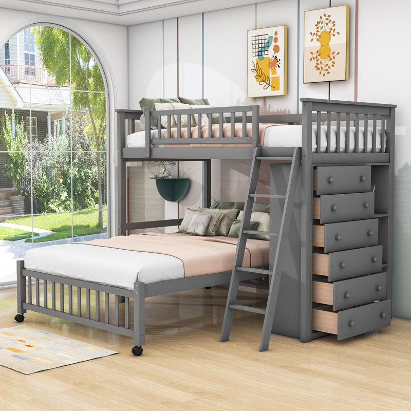 Lit simple superposé au dessus d'un lit double en bois avec tiroirs et tablettes, Blanc