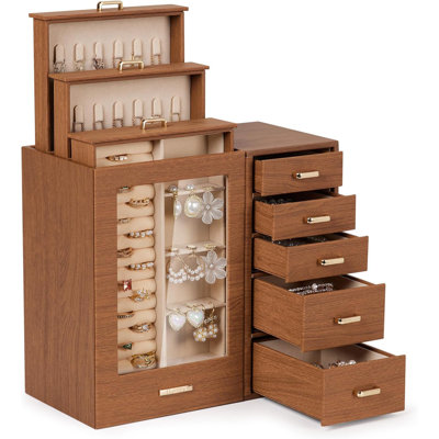 Élégante grande boîte de rangement pour bijoux avec fenêtre en verre et plusieurs tiroirs pour colliers, boucles d'oreilles, bagues, bracelets, montres - cadeau parfait