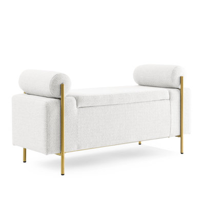 Upholstered Linen Storage Bench with Cylindrical Arms and Iron Legs