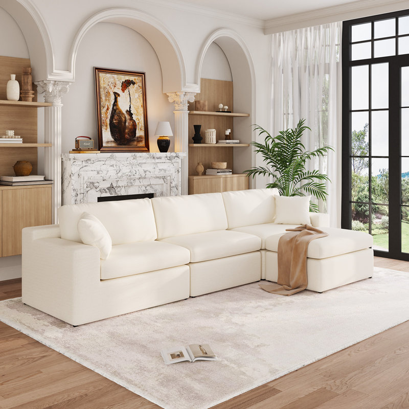 108" L-Shaped Cloud Modular Sectional Sofa For Living Room, Deep 3-Seat Couch With Ottoman, Beige, Beige Chenille