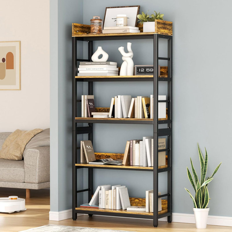 Heavy Duty Industrial Bookshelf 5-Tier Tall Shelf With Wood & Metal Construction For Home Office Living Room