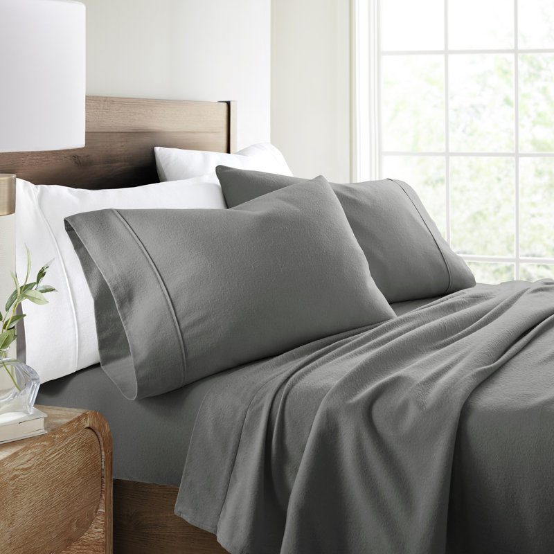 Ensemble de draps en flanelle de coton Rience, Gris, Double