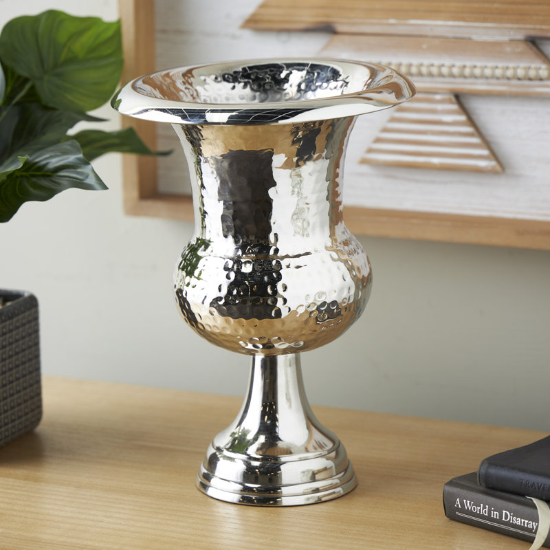 Jerrae Aluminum Metal Goblet Inspired Hammered Decorative Gold Vase, Silver, 13.05" H x 9.25" W x 9.20" D