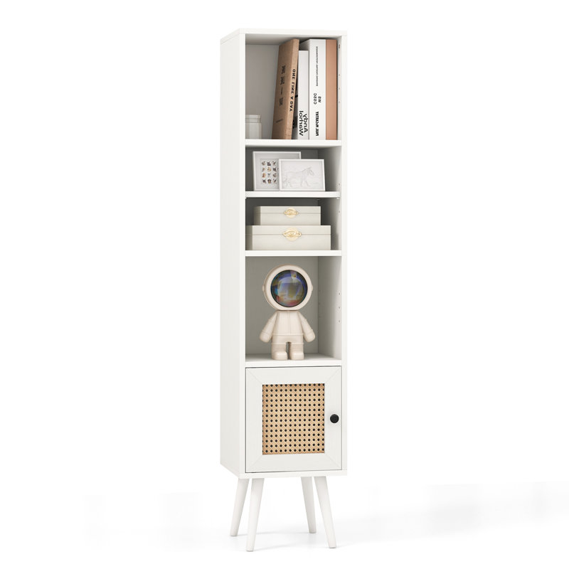 54'' H X 11.5'' W Slim Tall Rattan Storage Cabinet Boho Accent Bookshelf w/ Rattan Door 12-Position Adjustable Shelf, White