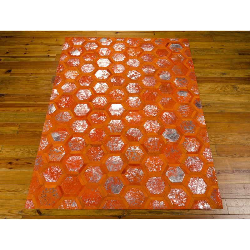 Handmade Tangerine Geometric Cowhide 8' x 10' Area Rug