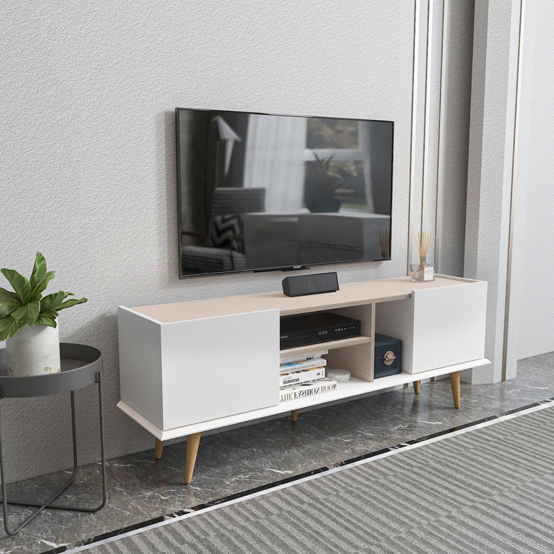 Modern TV Stand with 2 Shelves, White & Beige, 60.8 x 22.3 x 12.3 inches | 100% Melamine Coated Particle Board, Thickness: 0.7 inches | Scandinavian Design for Stylish Living Room & Entertainment Spaces