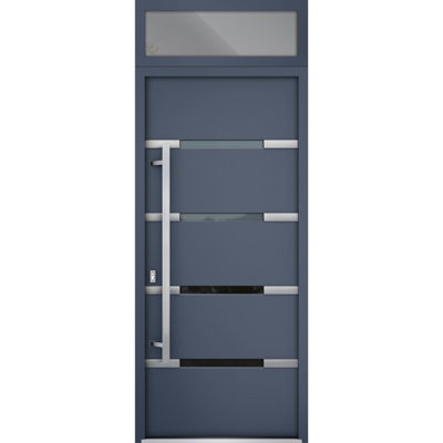 Porte avant en acier pré-suspendue à l'avant / deux graphite gris 1105 / fenêtre extérieure supérieure / inserts en acier inoxydable simples peints modernes - l 36 po x H 80 po + 16 po - Pivotement à droite