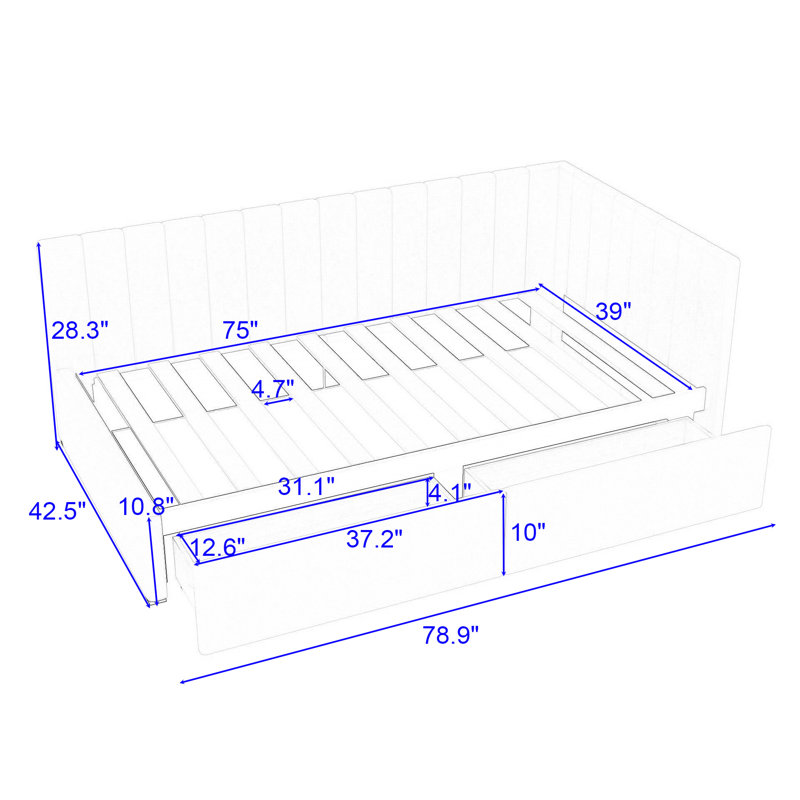 Roya Twin Size Upholstered Daybed with 2 Storage Drawers, Grey