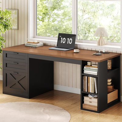 Bureau de ferme 55,1 po avec 3 tiroirs, bureau d'ordinateur avec tiroir classeur et tablettes de rangement