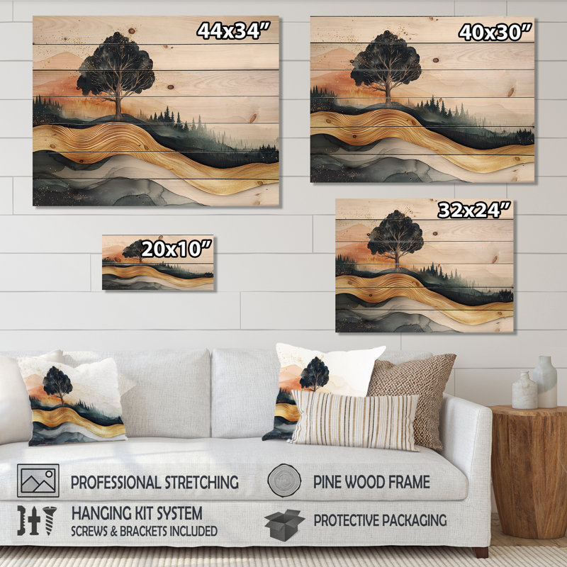 «Sunrise Forest In Marble Field Landscape II», art mural en bois forêt - sur bois de pin naturel