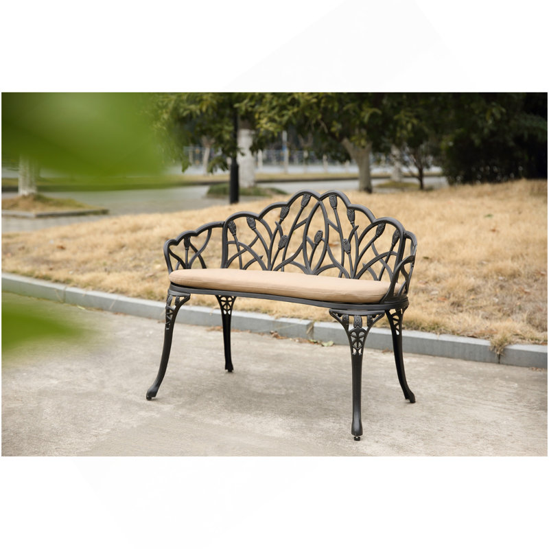 Tulip Patio Garden Bench Metal Park Bench Cast Aluminum Outdoor Furniture With Floral Rose For Patio,Park,Lawn,Yardblack Withe Cushion