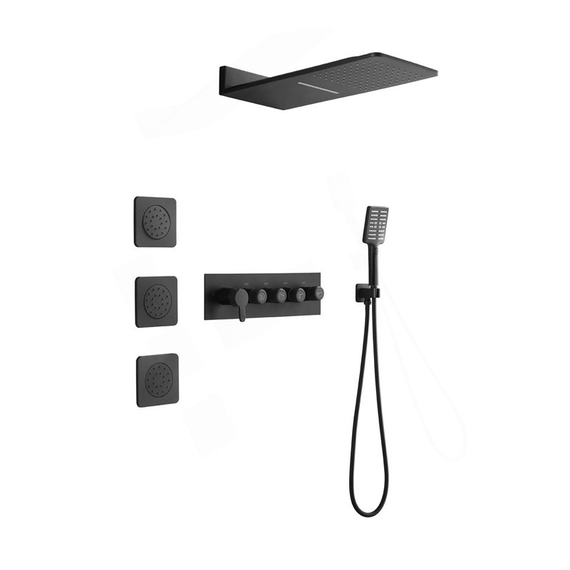 Système de douche à pluie murale avec 3 jets de corps et douche à main, Noir mat