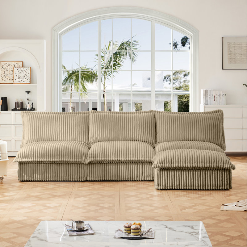 Canapé modulaire rembourré sans accoudoirs à 3 places avec repose-pieds réversible, canapé modulaire sans accoudoirs, tissu velours côtelé