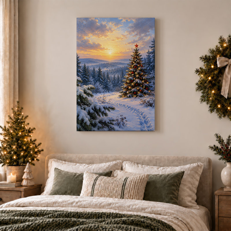 Decorated Tree in Snowy Forest at Sunset Christmas Canvas Wall Art, H 24 po x l 16 po