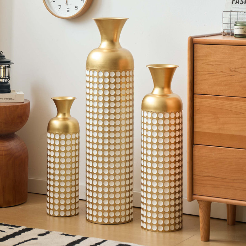 Set Of 3 Tall Metal Decorative Vases With Golden Finish And Dot Texture, Ideal For Layered Floor Display And Modern Interior Styling.
